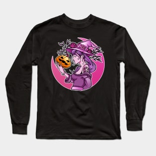 Cute Halloween Witch With Pumpkin and the Moon Long Sleeve T-Shirt